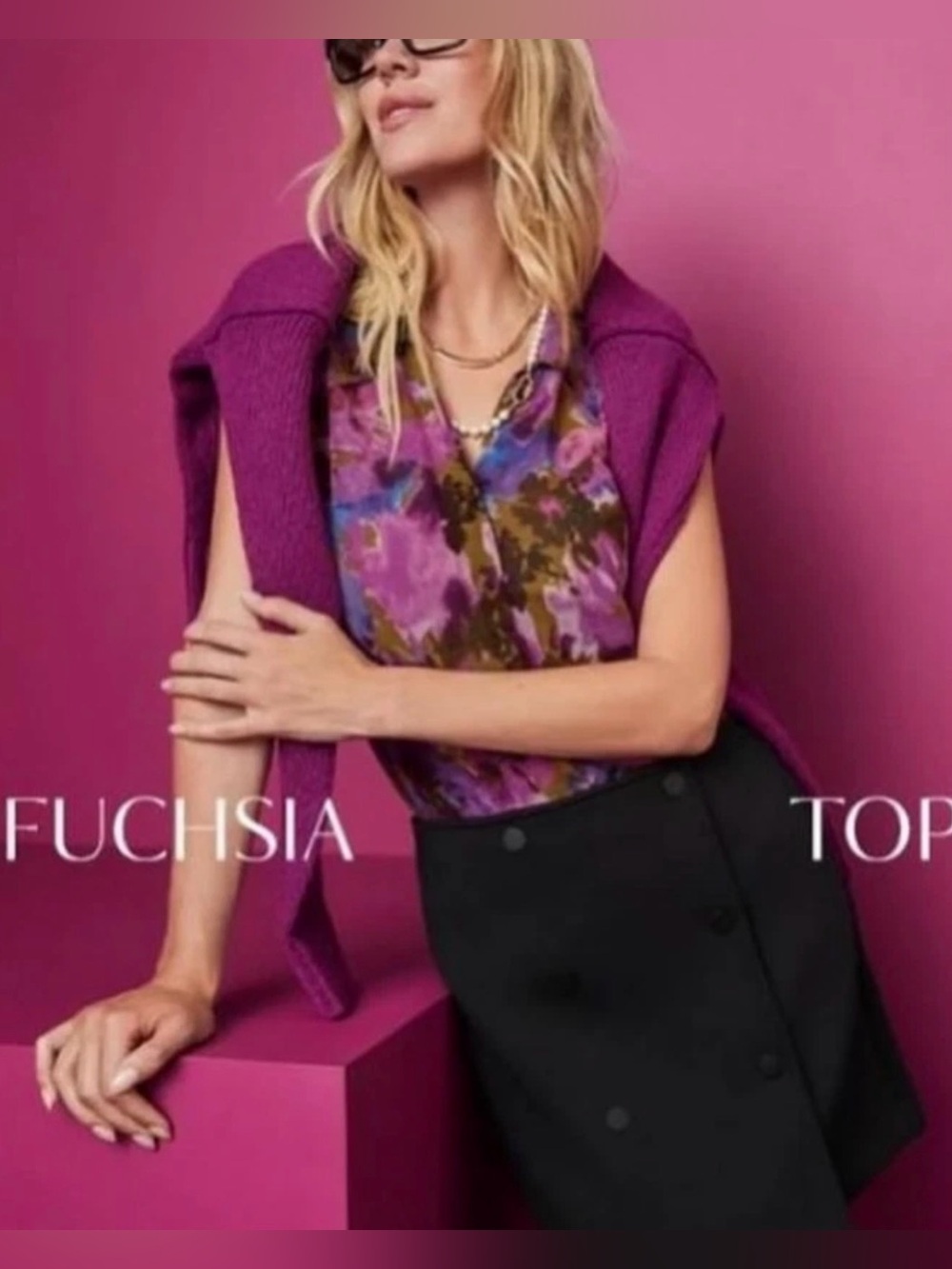 Vibrant CAbi Fuchsia Top #4792 Semi Sheer Purple Chiffon Floral V-Neck Blouse